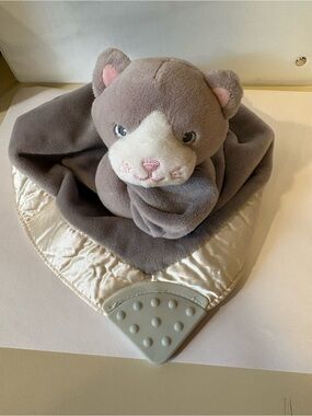 Gund Gray Kitty Lovey blanket with Cream Satin Corner and Teether